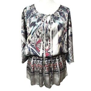 Mandee Boho Chic Printed Tunic Lightweight Flowy Design Top Large